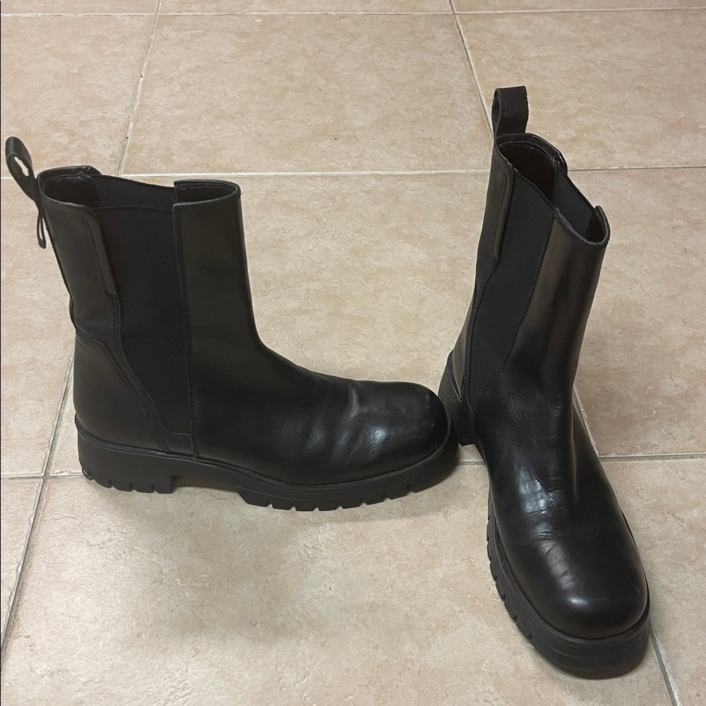 Zara Black Leather Combat Moto Boots